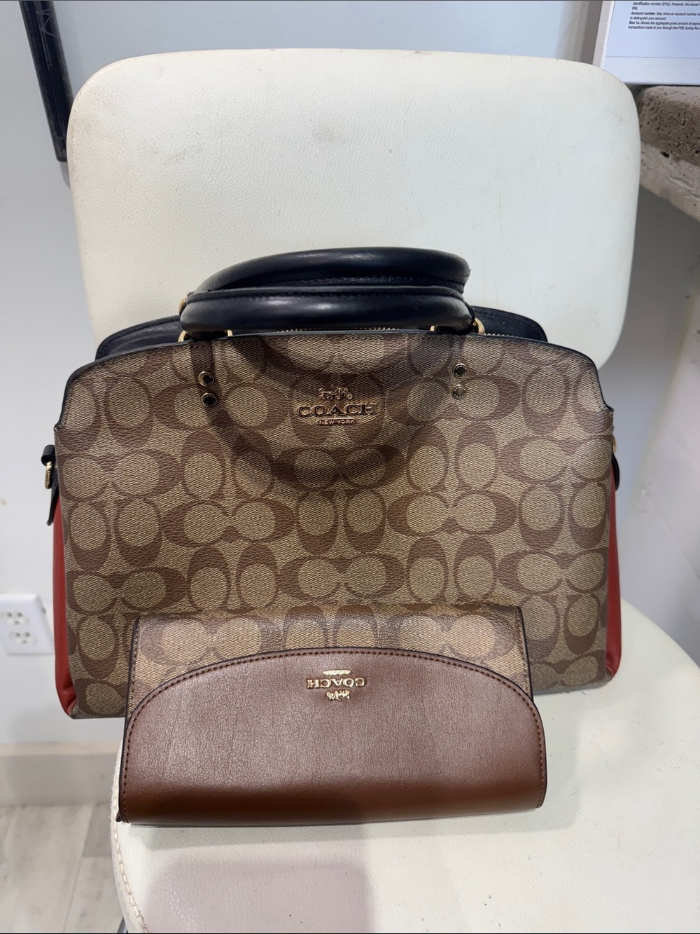 Coach Brown Signature Satchel with Black Handles and Red Side Panels